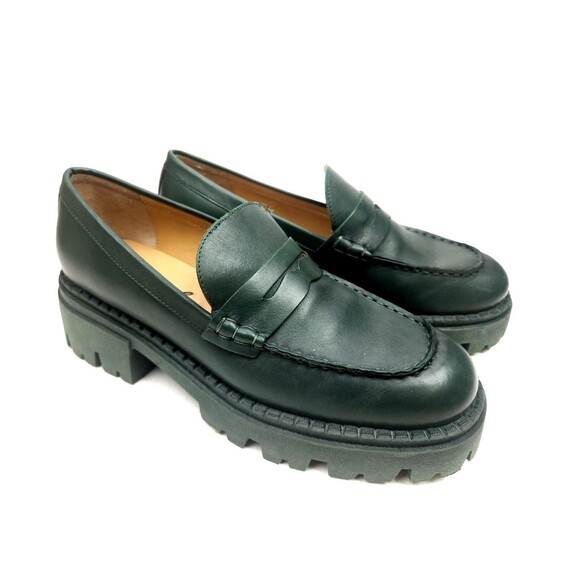 FREE PEOPLE Lyra Lug Sole Loafers / Deep Jade Leather Size 39.5 US 9 - Picture 4 of 12